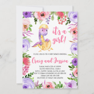 Purple and Pink Floral Dinosaur Baby Shower Invitation