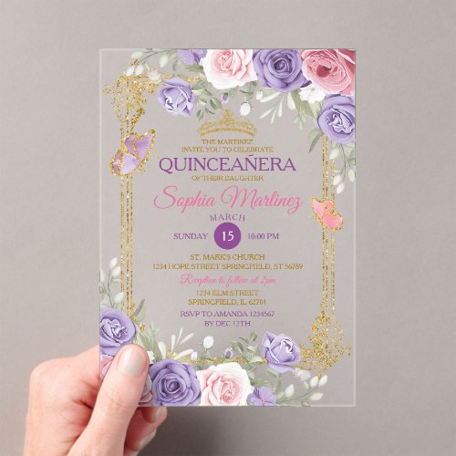 Purple And Pink Floral Gold Crown Girl Quinceañera