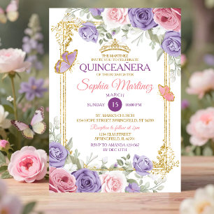 Purple And Pink Floral Gold Crown Girl Quinceañera Invitation