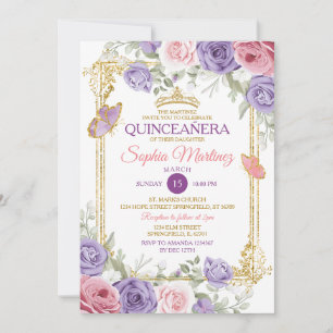 Purple And Pink Floral Gold Crown Girl Quinceañera Invitation