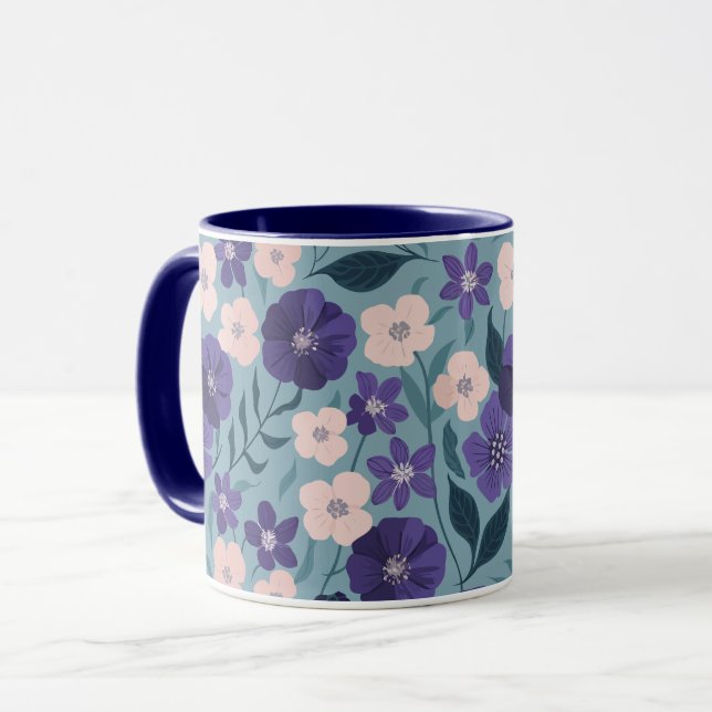 Purple and Pink Floral on a Soft Teal Background Mug (Front Left)