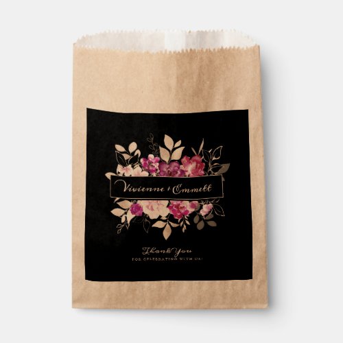 Purple and Pink Floral on Black Wedding Favor Bag