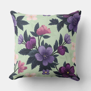 Purple and Pink Floral on Light Green Background Throw Pillow