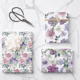 Purple and Pink Floral Patterns Wrapping Paper Sheets