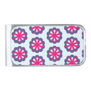 Purple and pink floral shapes illustration silver finish money clip