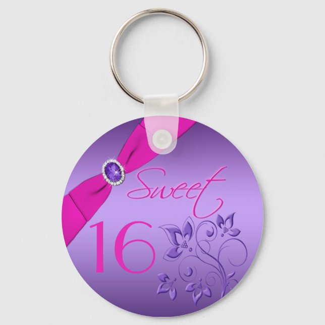 Purple and Pink Floral  Sweet Sixteen Keychain (Front)