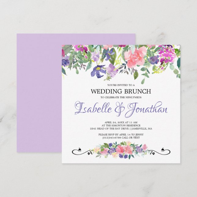 Purple and Pink Floral Wedding Brunch Invitations (Front/Back)