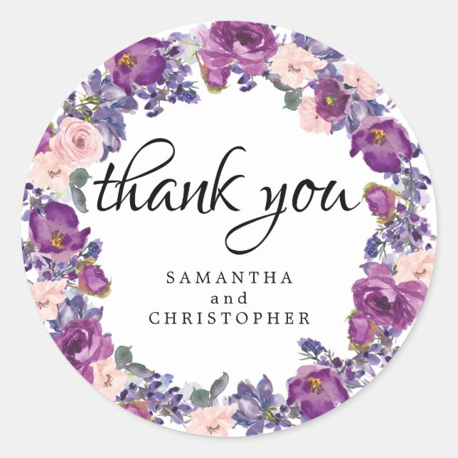 Purple and Pink Floral Wedding Favor Thank You Classic Round Sticker (Front)