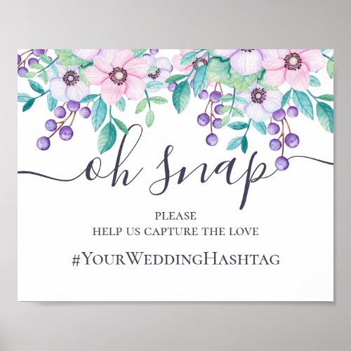 Purple and pink floral wedding instagram hashtag poster