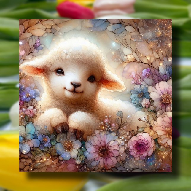 Purple and Pink Flowers and Lamb Christian Easter  Holiday Card (Creator Uploaded)