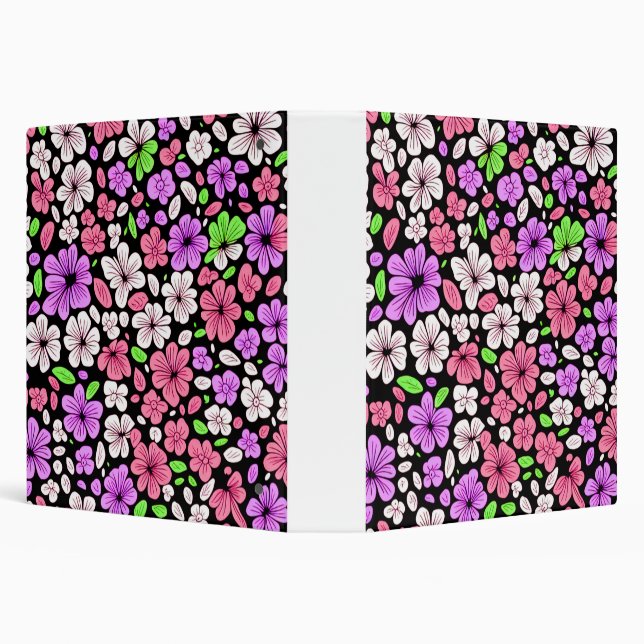 Purple and Pink Flowers and Petals Pattern Black 3 Ring Binder (Background)