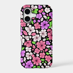Purple and Pink Flowers and Petals Pattern Black iPhone 17 Case