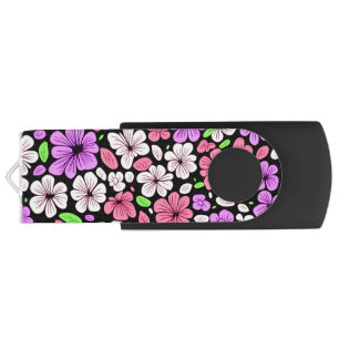 Purple and Pink Flowers and Petals Pattern Black Flash Drive