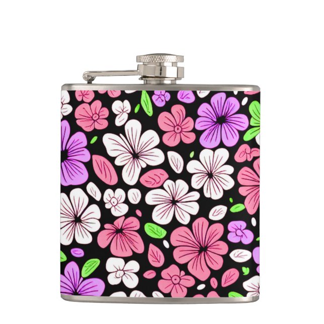 Purple and Pink Flowers and Petals Pattern Black Flask (Front)