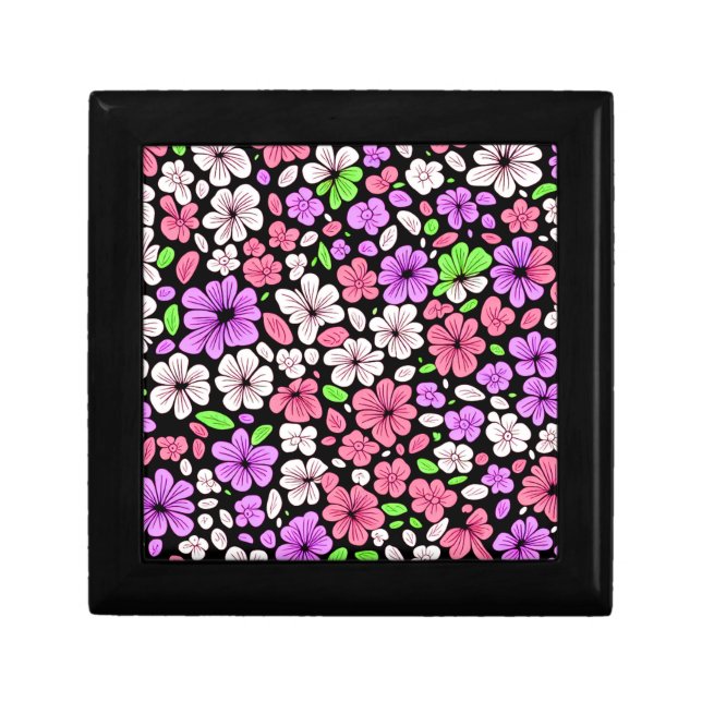 Purple and Pink Flowers and Petals Pattern Black Gift Box (Front)