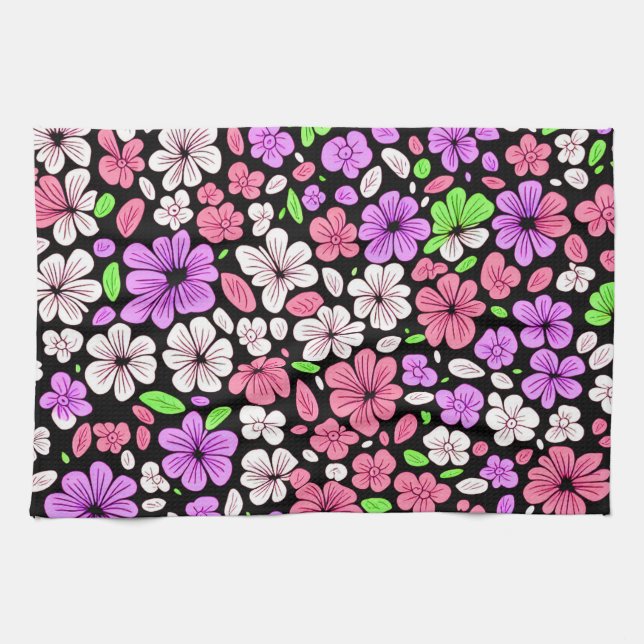Purple and Pink Flowers and Petals Pattern Black Kitchen Towel (Horizontal)