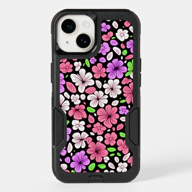 Purple and Pink Flowers and Petals Pattern Black Otterbox iPhone Case (Back)