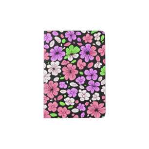 Purple and Pink Flowers and Petals Pattern Black Passport Holder