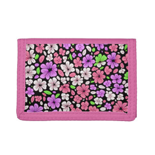 Purple and Pink Flowers and Petals Pattern Black Trifold Wallet