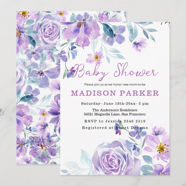 Purple and Pink Flowers Baby Invitation (Front/Back)