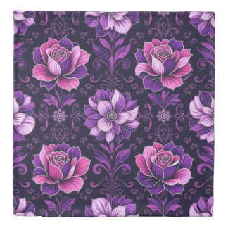 Purple and Pink Flowers Black Background Duvet Cover