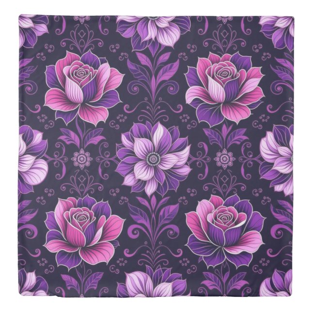 Purple and Pink Flowers Black Background Duvet Cover (Front)