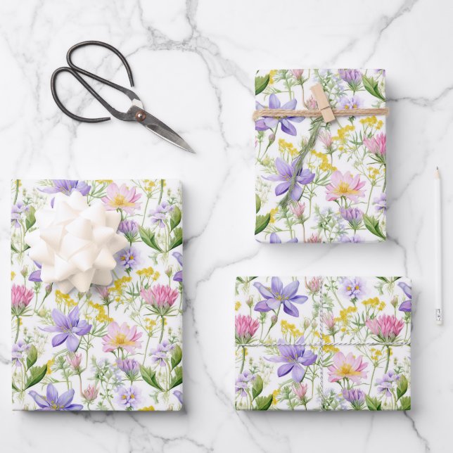Purple and Pink Flowers Botanical Print Wrapping Paper Sheets (Front)