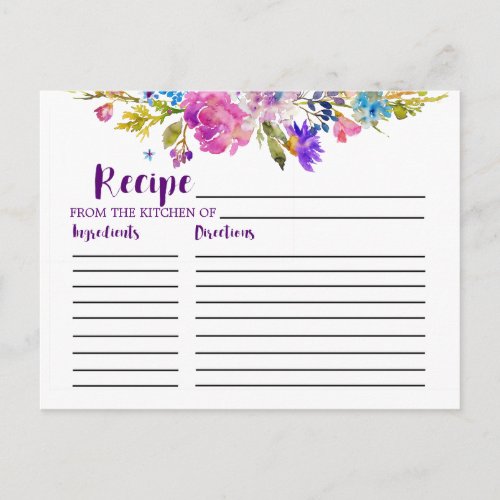 Purple and Pink Flowers Bridal Shower Recipe Cards