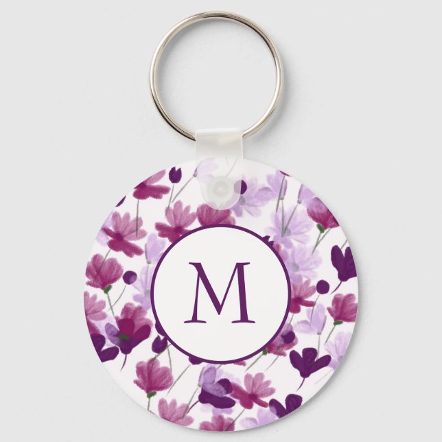 Purple And Pink Flowers Pattern Keychain (Front)
