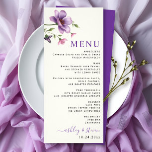 Purple and pink flowers wedding menu card