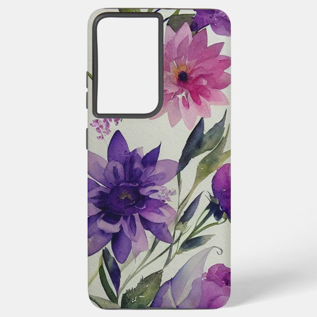 Purple and Pink Flowers with Green Leaves Samsung Galaxy Case (Back)