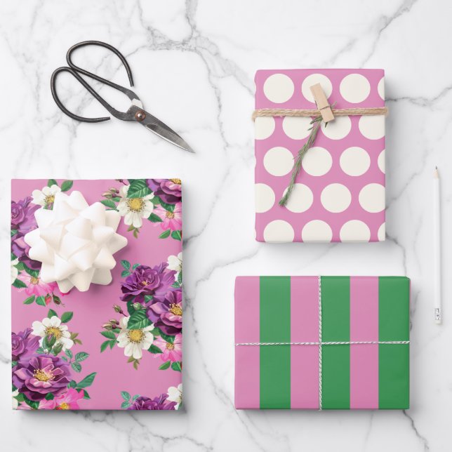 Purple and Pink Flowers Wrapping Paper Sheet Set (Front)