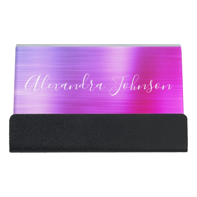 Purple and Pink Foil Modern Professional Desk Business Card Holder (Front)