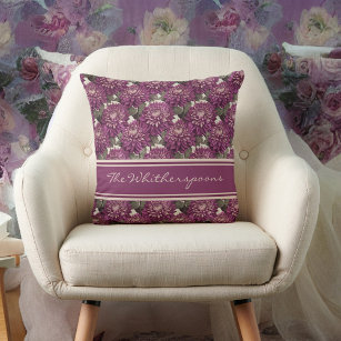 Purple and Pink Fringed Dahlia Pattern Monogram Throw Pillow
