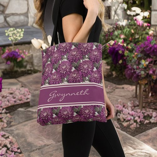 Purple and Pink Fringed Dahlia Pattern Monogram Tote Bag