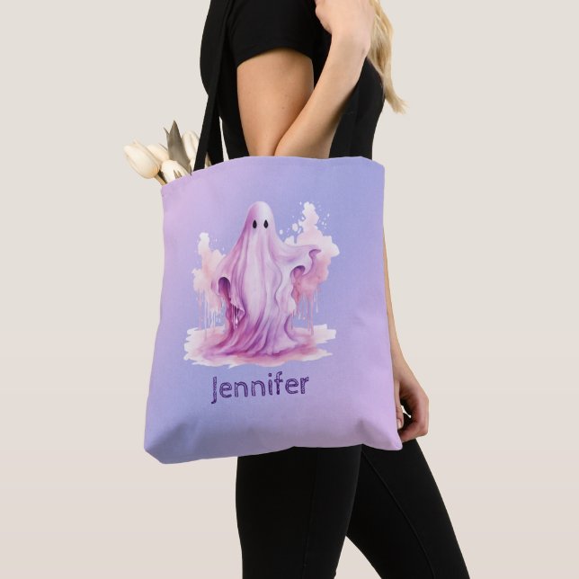 Purple and Pink Ghost Purple and Blue Halloween Tote Bag (Close Up)