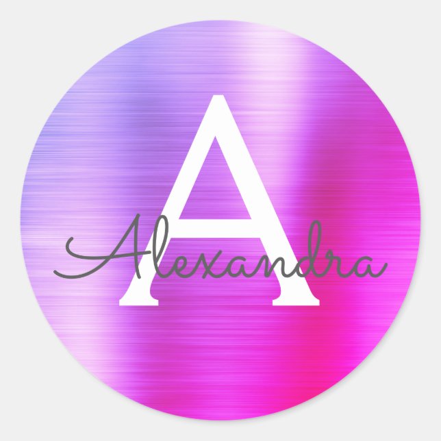 Purple and Pink Girly Metallic Monogram Classic Round Sticker (Front)