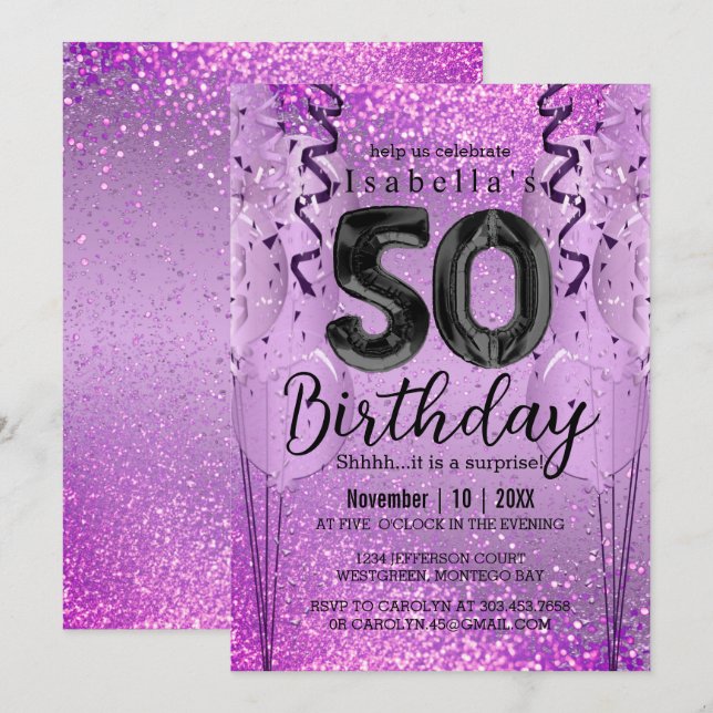 Purple and Pink Glitter 50th Birthday  Invitation (Front/Back)