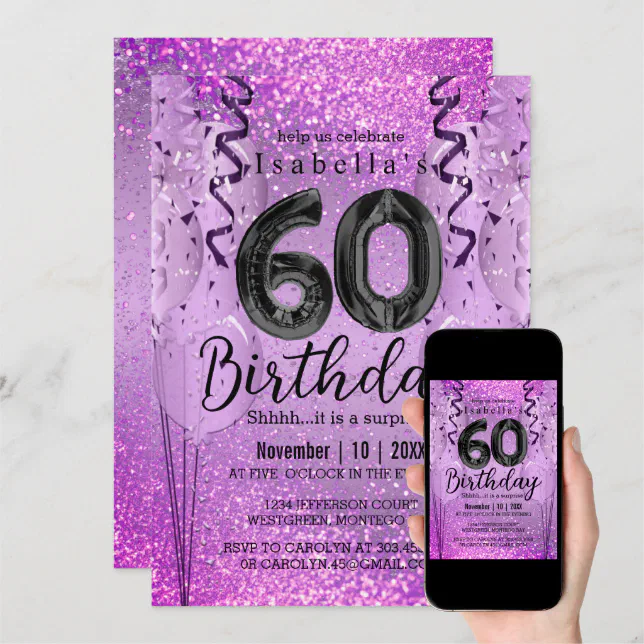 Purple and Pink Glitter 60th Birthday Invitation | Zazzle