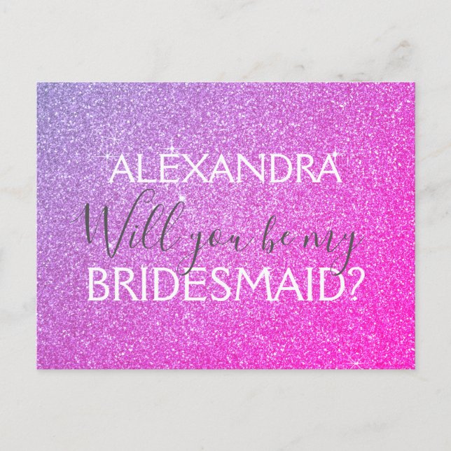 Purple and Pink Glitter and Sparkle Bridesmaid Invitation Postcard (Front)