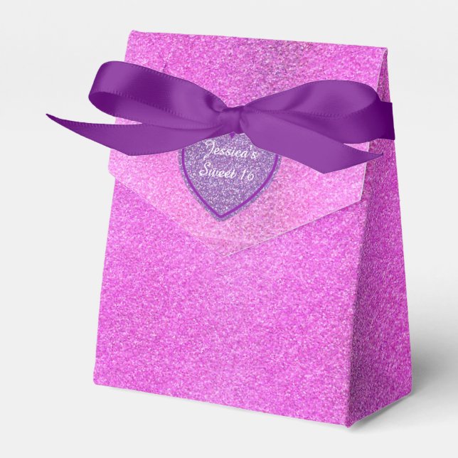 Purple and Pink Glitter Sweet 16 Favor Gift Box (Front Side)