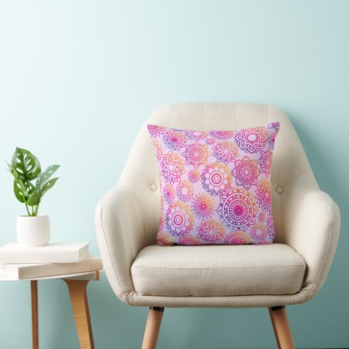 Purple and Pink Gradient Mandala Throw Pillow