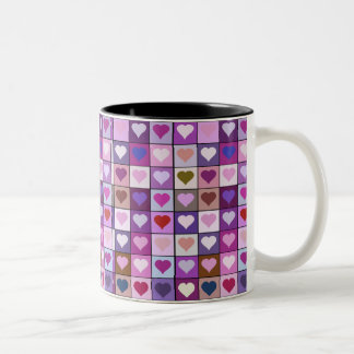 Purple and Pink Heart Squares Two-Tone Coffee Mug