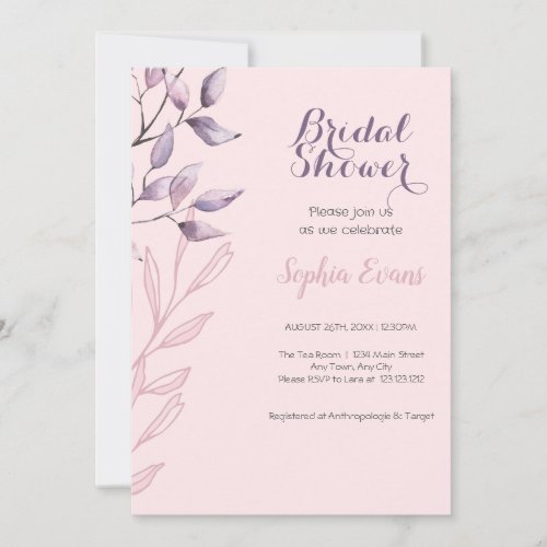 Purple and Pink Leaves Pink Bridal Shower Invitation