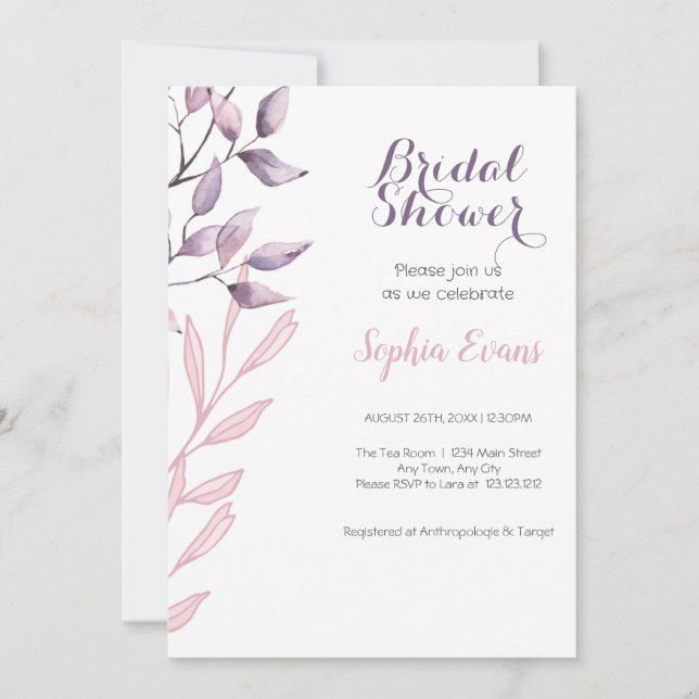 Purple and Pink Leaves White Bridal Shower Invitation (Front)