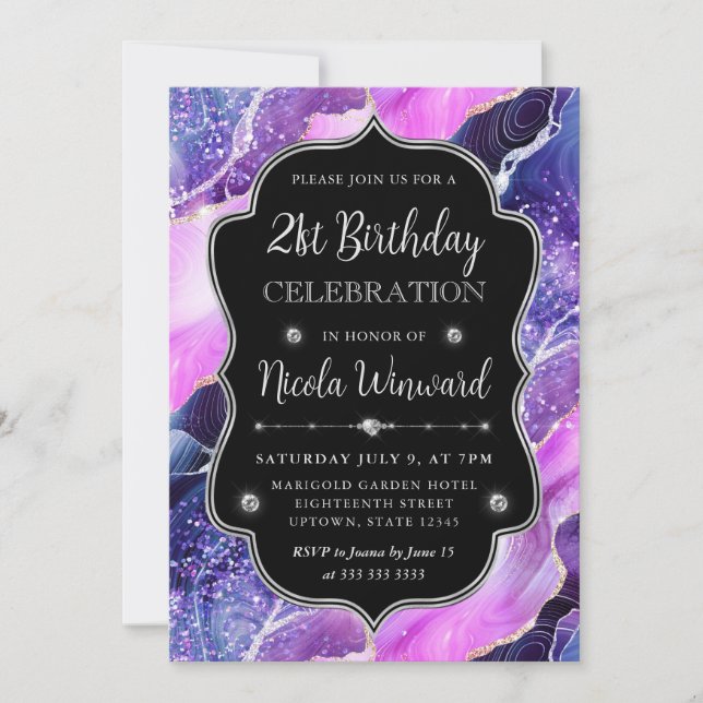 Purple and Pink Mermaid Agate Frame Birthday Invitation (Front)