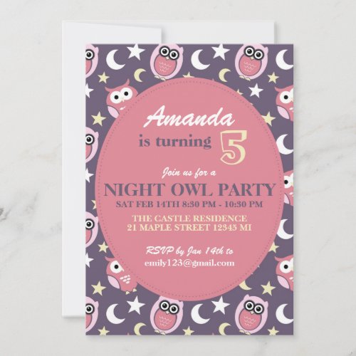 Purple and Pink Night Owl Birthday Invitation