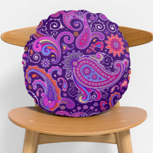 Purple and Pink Paisley Groovy  Round Pillow
