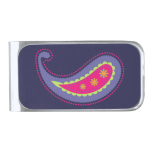 Purple and Pink Paisley Silver Finish Money Clip