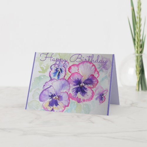 Purple and Pink Pansies Watercolour Birthday Card